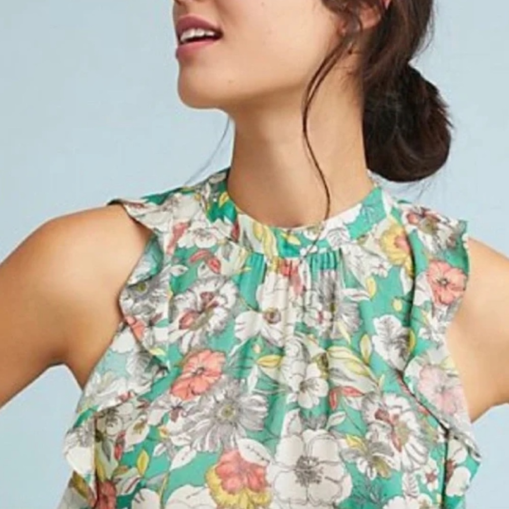 Maeve Anthropologie Gramercy Tank Top Flutter Sleeve Women’s XS Green Floral